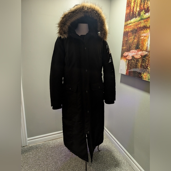 Beaver Canoe Jackets & Blazers - Beaver Canoe Roots Long Coat Women's L Hooded Quilted Lining Pockets Black